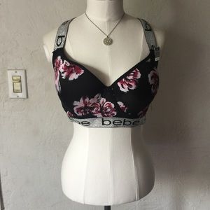 Bebe sport black with floral cage back bra